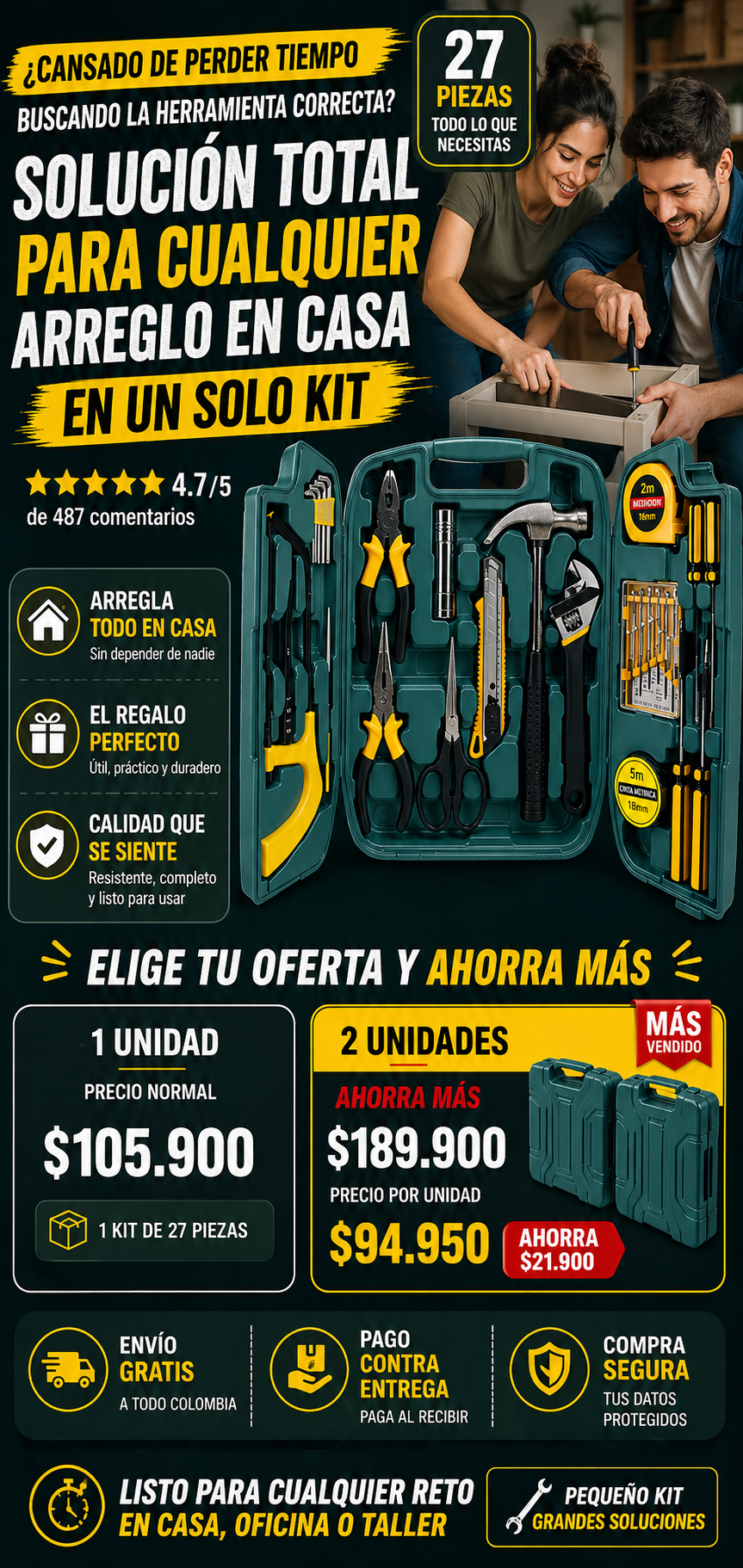 KIT DE HERRAMIENTAS 27 PIEZAS CON MALETIN PORTATIL