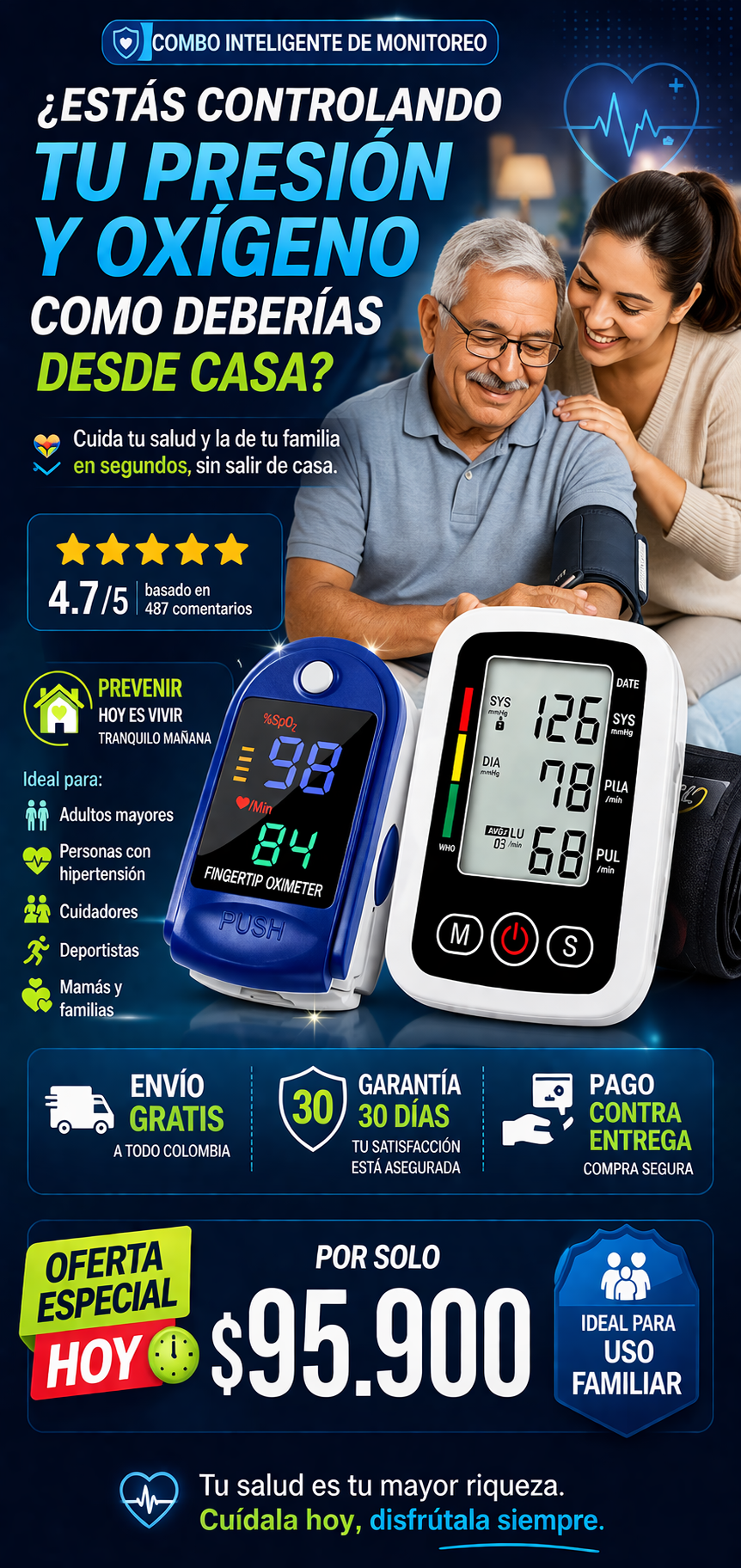 Combo inteligente de monitoreo, Tensiómetro Brazo Digital Mas Oxímetro