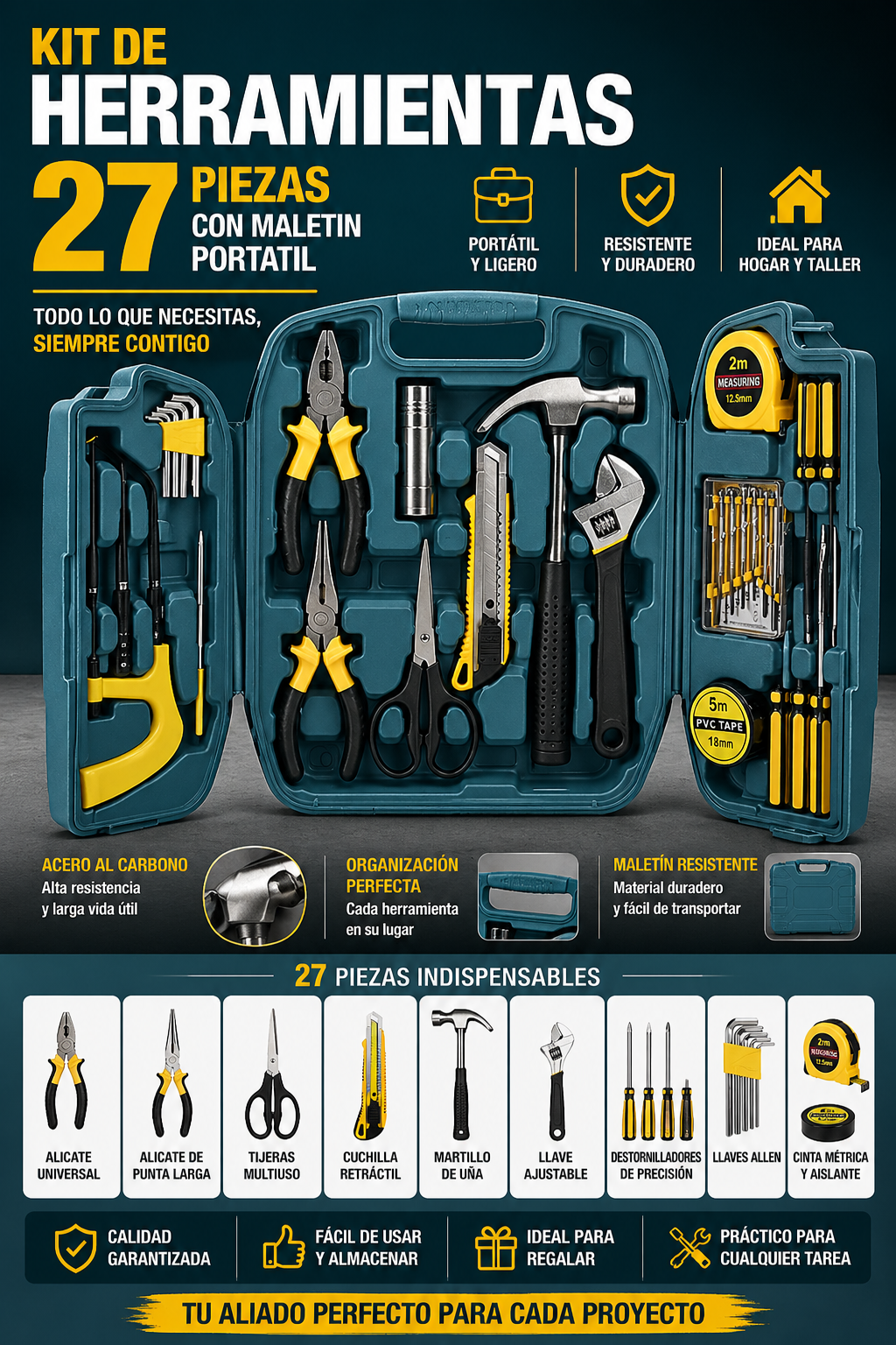 KIT DE HERRAMIENTAS 27 PIEZAS CON MALETIN PORTATIL