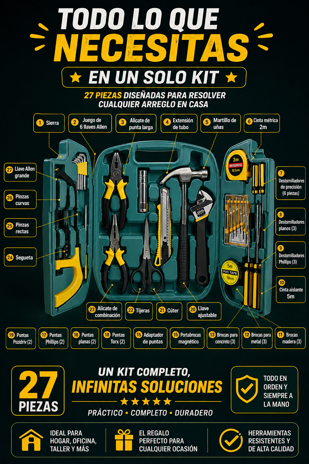 KIT DE HERRAMIENTAS 27 PIEZAS CON MALETIN PORTATIL