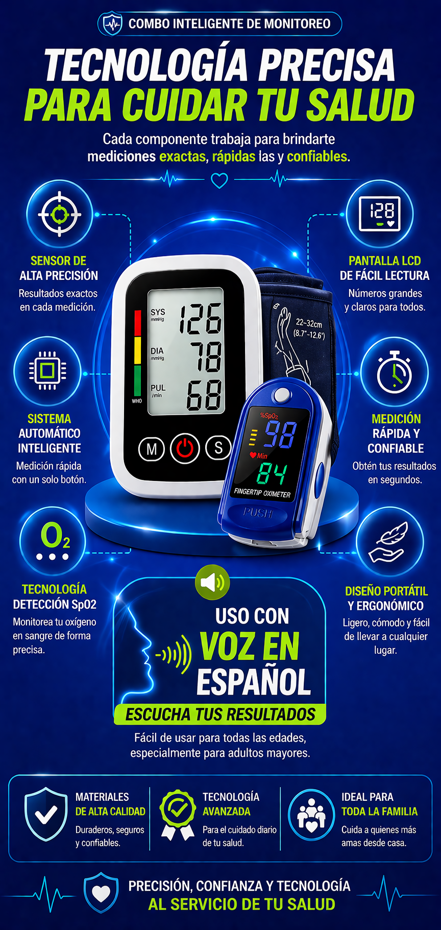 Combo inteligente de monitoreo, Tensiómetro Brazo Digital Mas Oxímetro