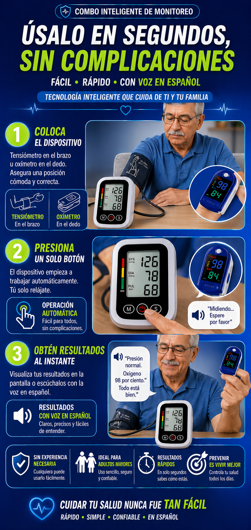 Combo inteligente de monitoreo, Tensiómetro Brazo Digital Mas Oxímetro
