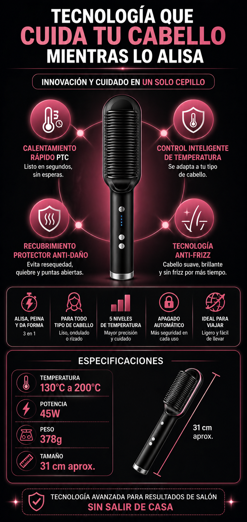 Cepillo Plancha Secador 2 en 1 Alisador