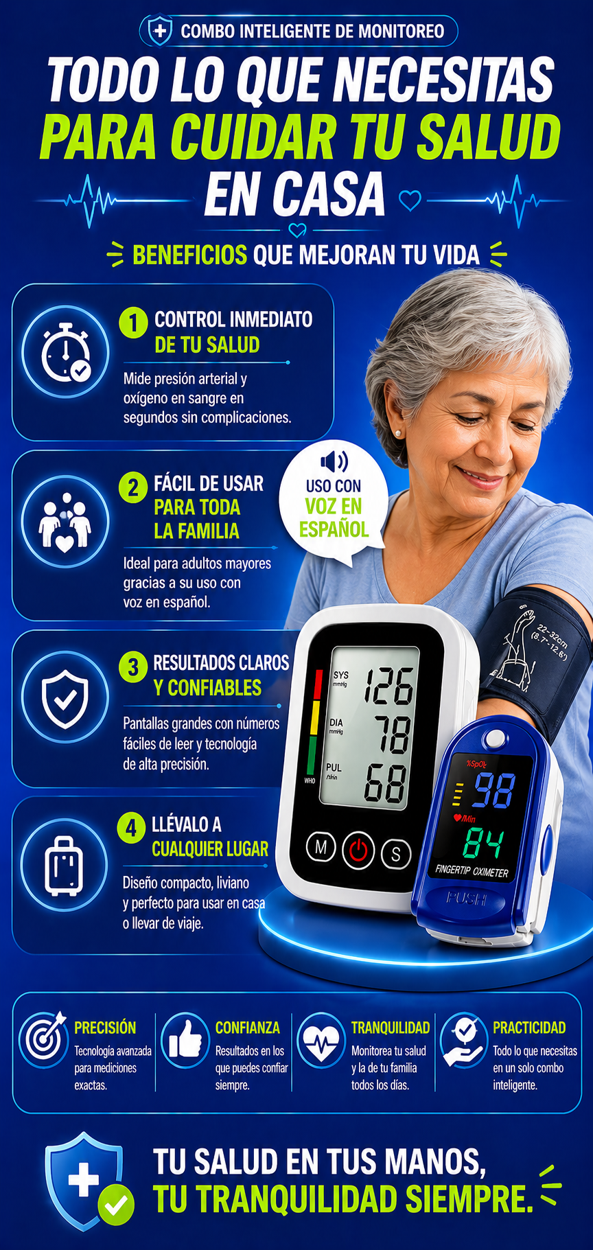 Combo inteligente de monitoreo, Tensiómetro Brazo Digital Mas Oxímetro